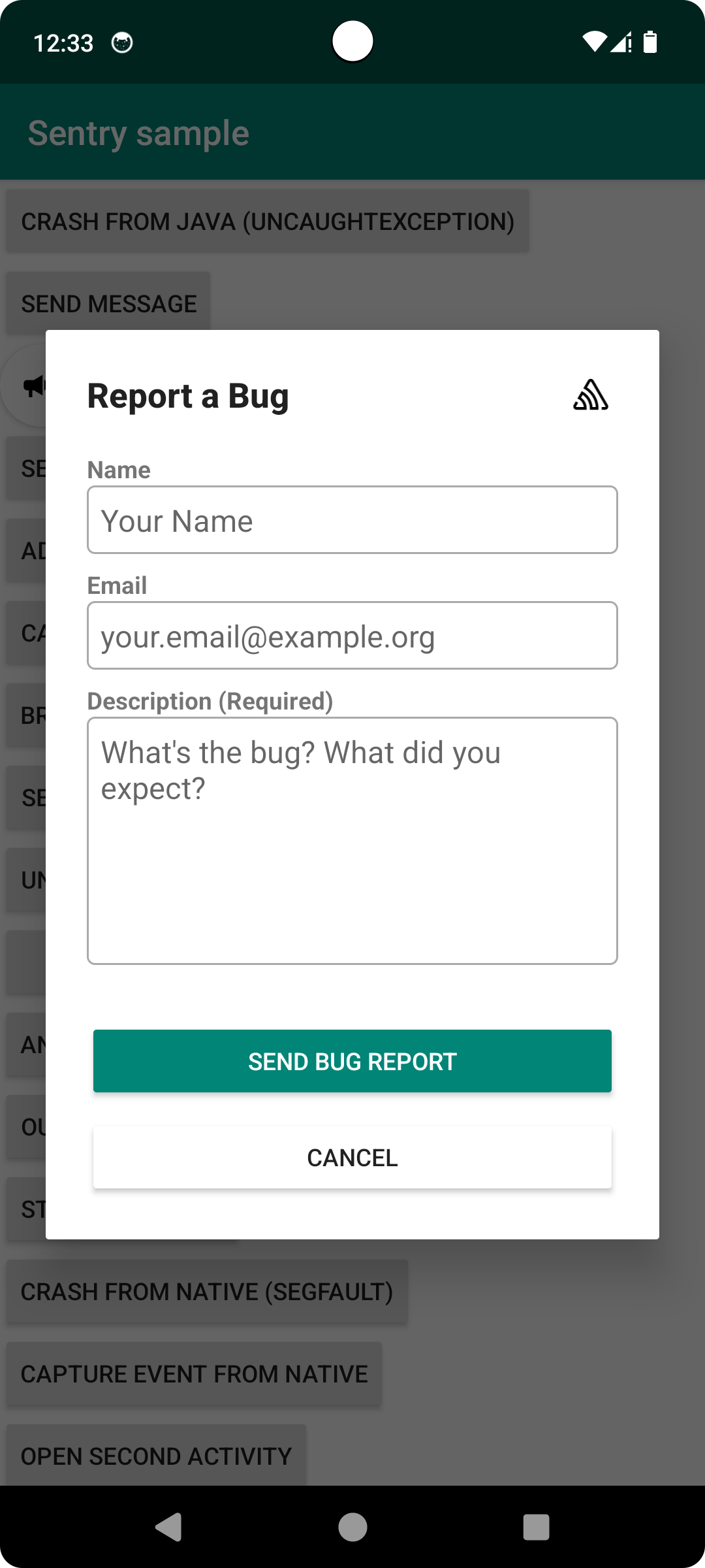 An example of the User Feedback Widget on Android